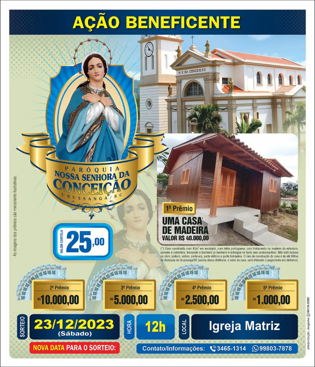 Paróquia de Urussanga promove Ação Beneficente com sorteio de cinco prêmios, dentre eles uma casa