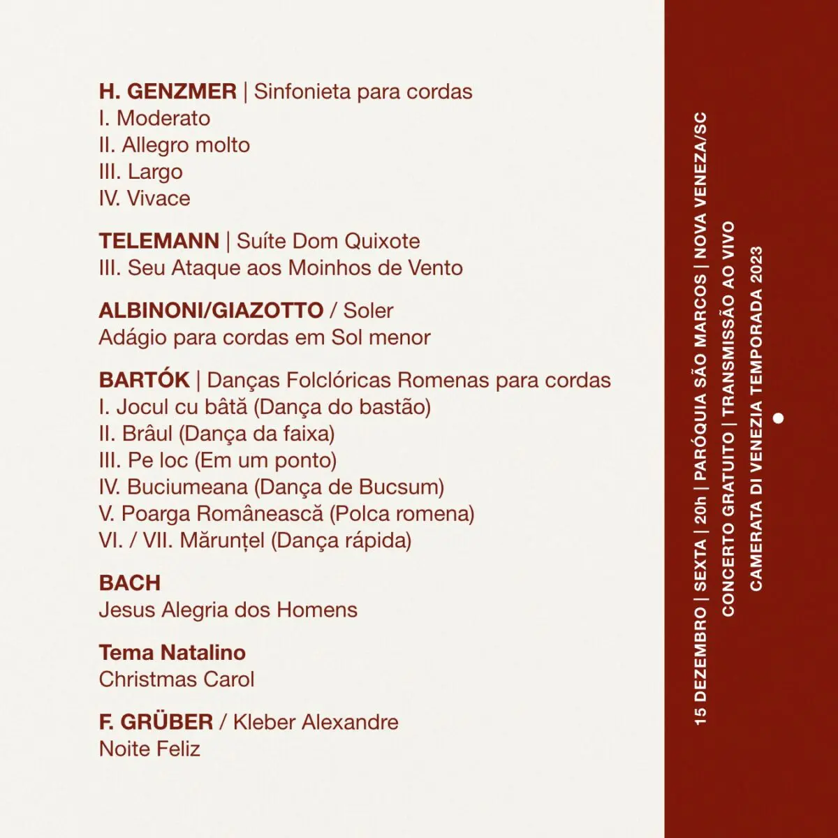 Camerata di Venezia apresenta o “Concerto Fim de Ano” em Nova Veneza, com sucessos da temporada e temas de natal