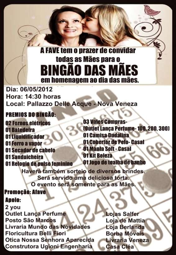 AFAVE promove no próximo domingo "Bingão das Mães"