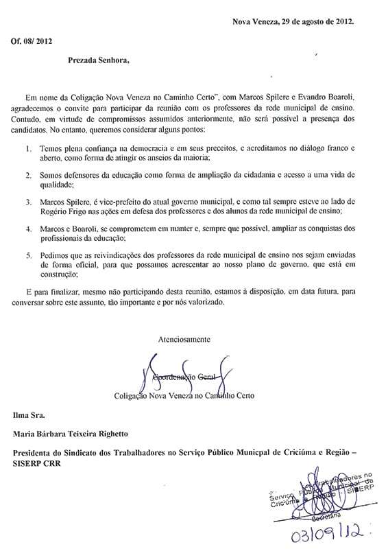 Coligação “Nova Veneza no caminho certo” divulga ofício em que prova que avisou SISERP sobre não comparecimento em reunião 1 Coligação “Nova Veneza no caminho certo” divulga ofício em que prova que avisou SISERP sobre não comparecimento em reunião