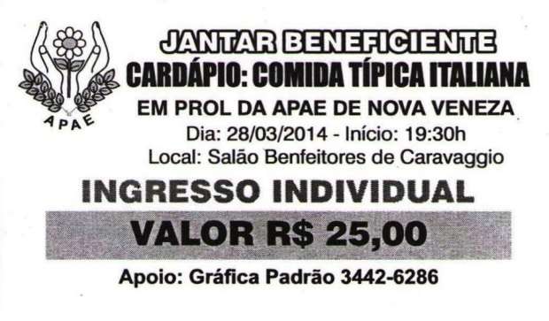 Ingressos do Tradicional Jantar Beneficente da APAE de Nova Veneza já estão disponíveis 1 Ingressos do Tradicional Jantar Beneficente da APAE de Nova Veneza já estão disponíveis