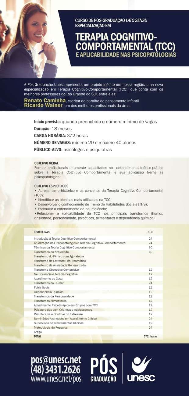 UNESC abre inscrições para especialização em Terapia Cognitivo-Comportamental e Aplicabilidade nas Psicopatologias