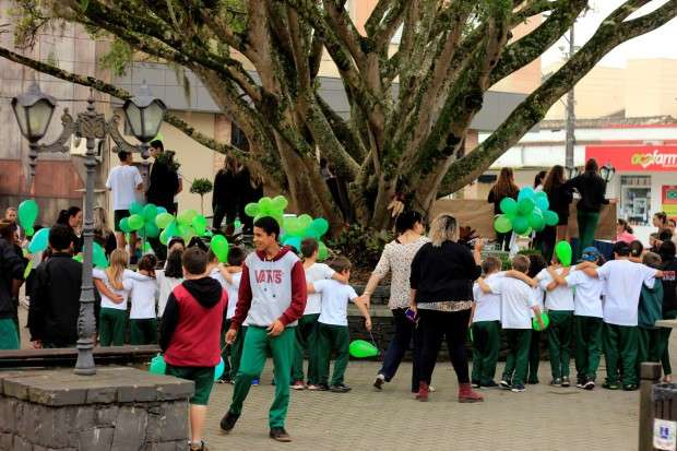 Em comemoração ao Dia da Árvore, alunos “abraçam” figueira da praça 7 Em comemoração ao Dia da Árvore, alunos “abraçam” figueira da praça