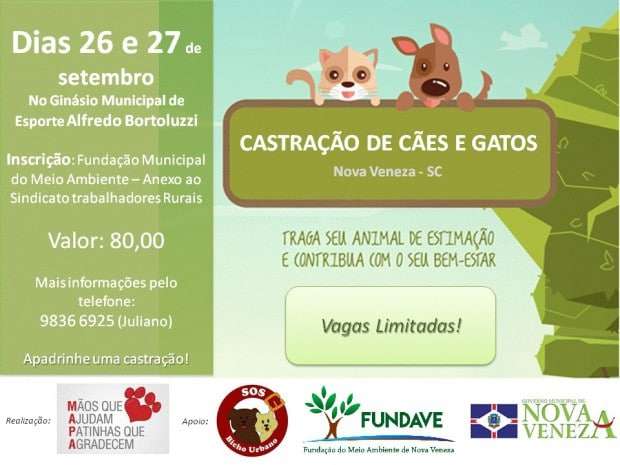 Mutirão de castração será realizado de 26 a 27 de setembro