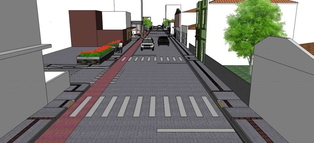 Marcelo Branco: A comitiva de Caravaggio liderada por Edésio Spillere e Giliard Gava já está de volta à Nova Veneza 2  Nesta quarta-feira, 13, iniciou a primeira fase da obra de repavimentação de parte da Rua Conego Miguel Giacca. A etapa inicial começa no restaurante La Burgheria, até o Restaurante Alpino. Com o início da obra, placas de sinalização estão desviando o trânsito pela Rua Nicolau Pederneiras. O desvio fica em frente a fábrica Nostra Pamonha, com mão dupla pela Rua Nicolau Pederneiras, via do Casario Antigo. Os veículos pesados, desde a pavimentação do acesso, estão sendo desviados pela localidade do Picadão. A estimativa do engenheiro responsável, Fábio Bratti, é de que a obra seja finalizada em no máximo quatro meses. Projeção de como ficará a rua e as calçadas do centro.