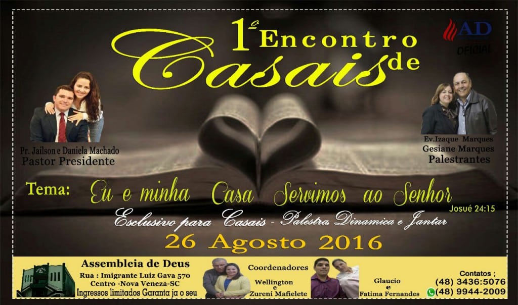 1º Encontro de Casais da Assembleia de Deus acontece nesta semana em Nova Veneza