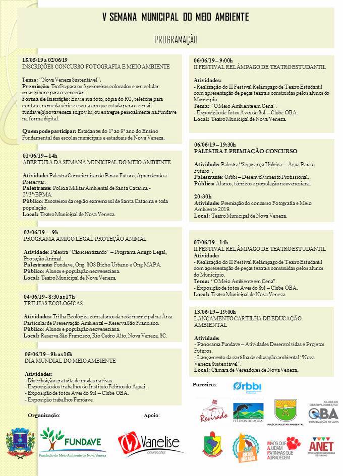 Semana Municipal do Meio Ambiente inicia com palestra neste sábado 1 Semana Municipal do Meio Ambiente inicia com palestra neste sábado