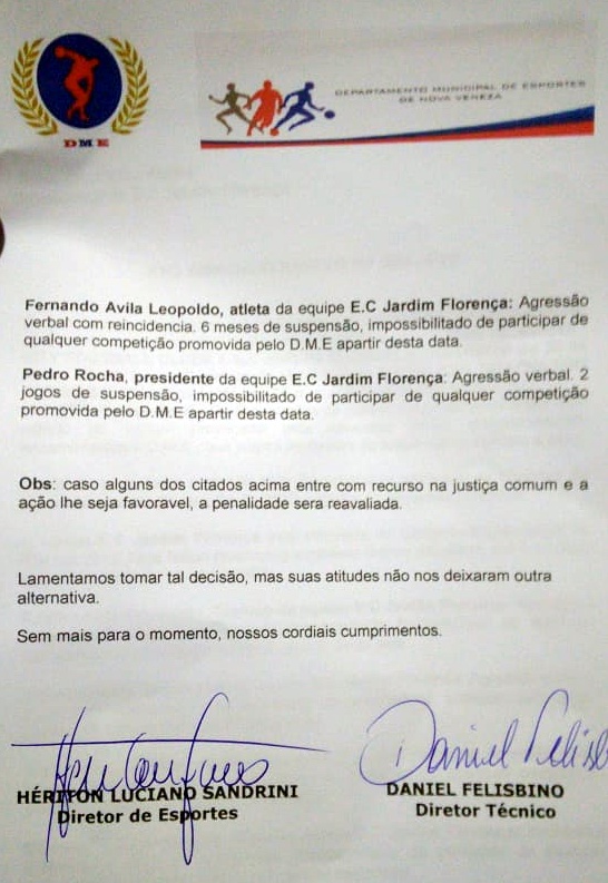 Vaza documento com as punições do jogo entre City F.C. x Jardim Florença