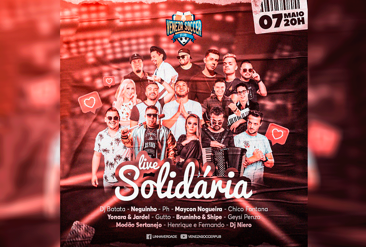 Veneza Soccer Pub promove mais uma live solidária nesta quinta-feira