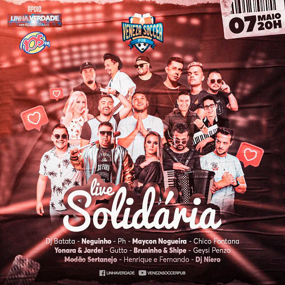 Veneza Soccer Pub promove mais uma live solidária nesta quinta-feira