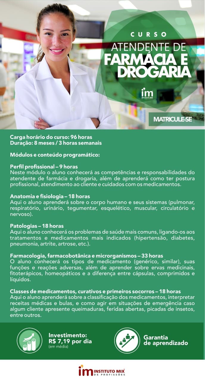 Últimas vagas para o curso de Atendente de Farmácia 1 Últimas vagas para o curso de Atendente de Farmácia