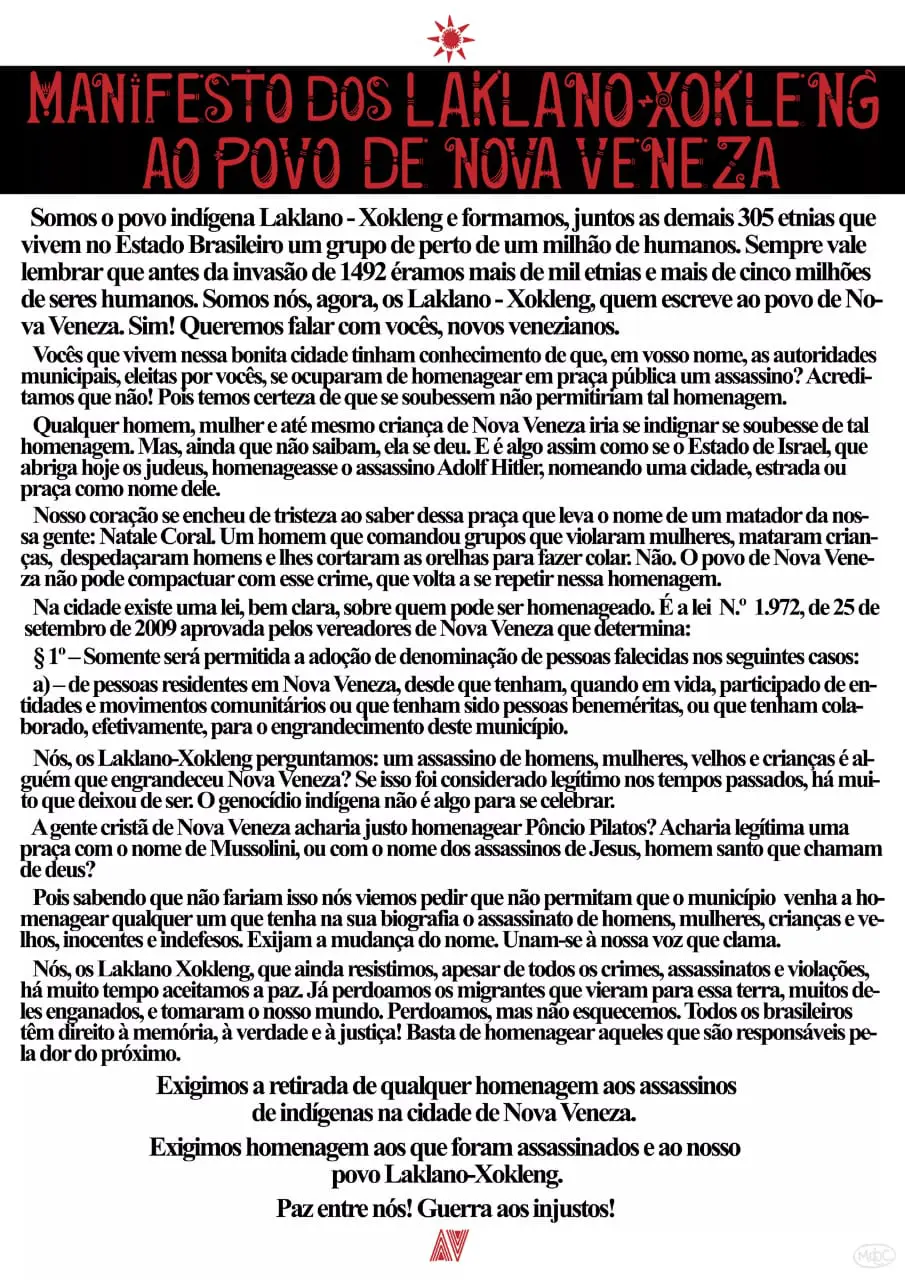 Povo Laklano / Xokleng publica manifesto contra a homenagem ao imigrante Natale Coral