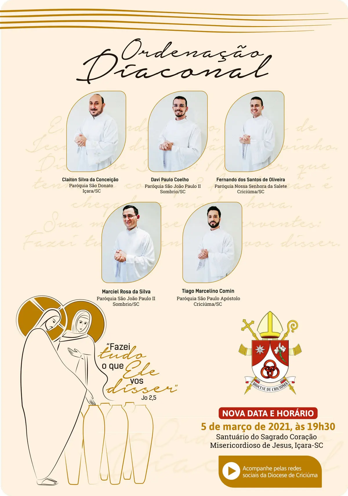 Cinco novos diáconos serão ordenados na Diocese de Criciúma