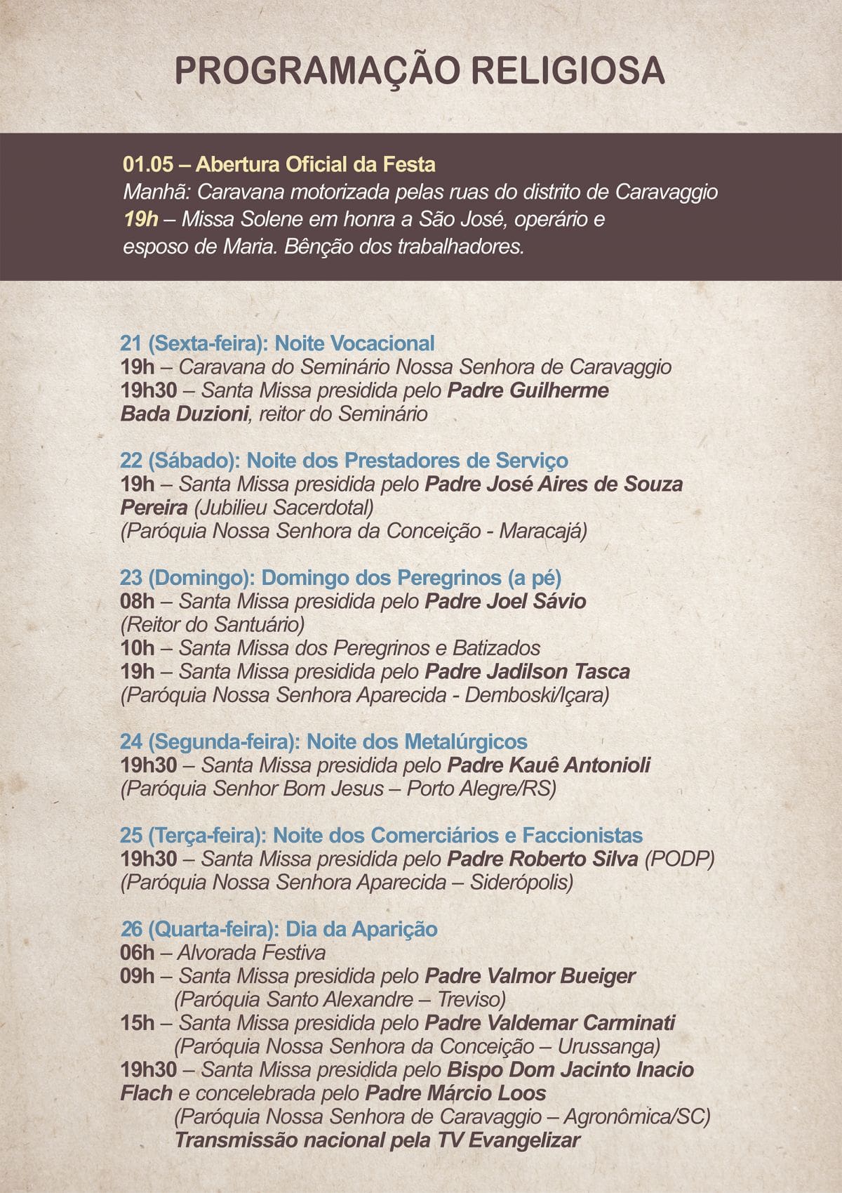 Divulgada a programação da 70ª Romaria e Festa em Honra a Nossa Senhora de Caravaggio 2 Divulgada a programação da 70ª Romaria e Festa em Honra a Nossa Senhora de Caravaggio