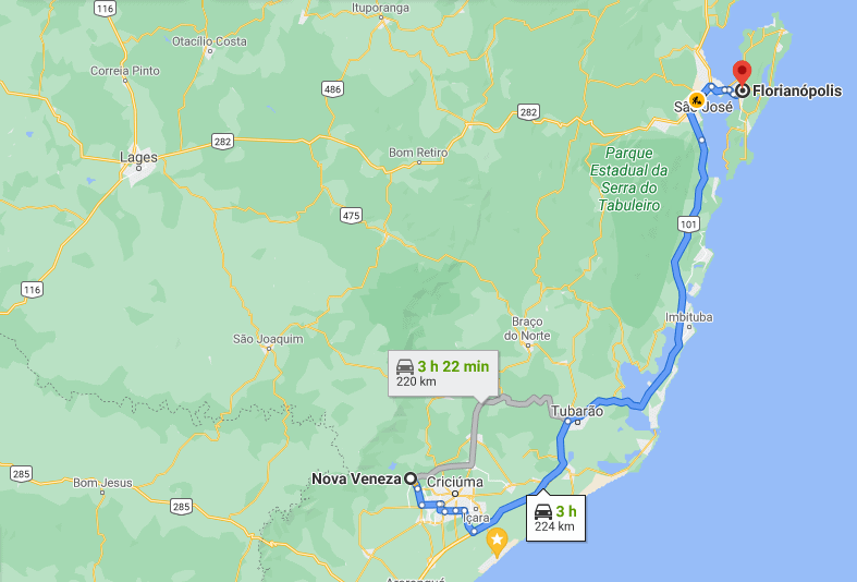 Distância entre Nova Veneza e Florianópolis