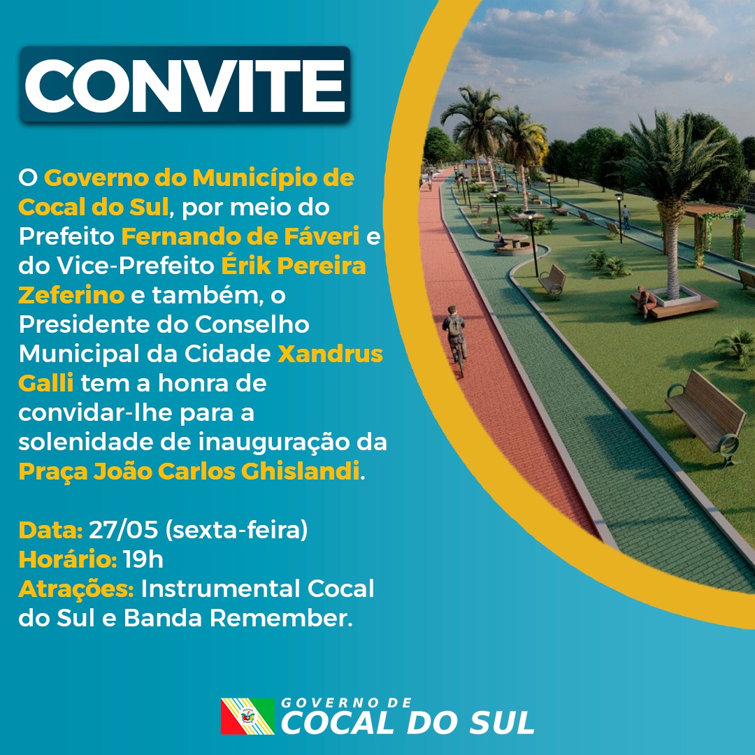 Praça João Carlos Ghislandi: novo cartão postal em Cocal do Sul será inaugurado nesta sexta 1 Praça João Carlos Ghislandi: novo cartão postal em Cocal do Sul será inaugurado nesta sexta