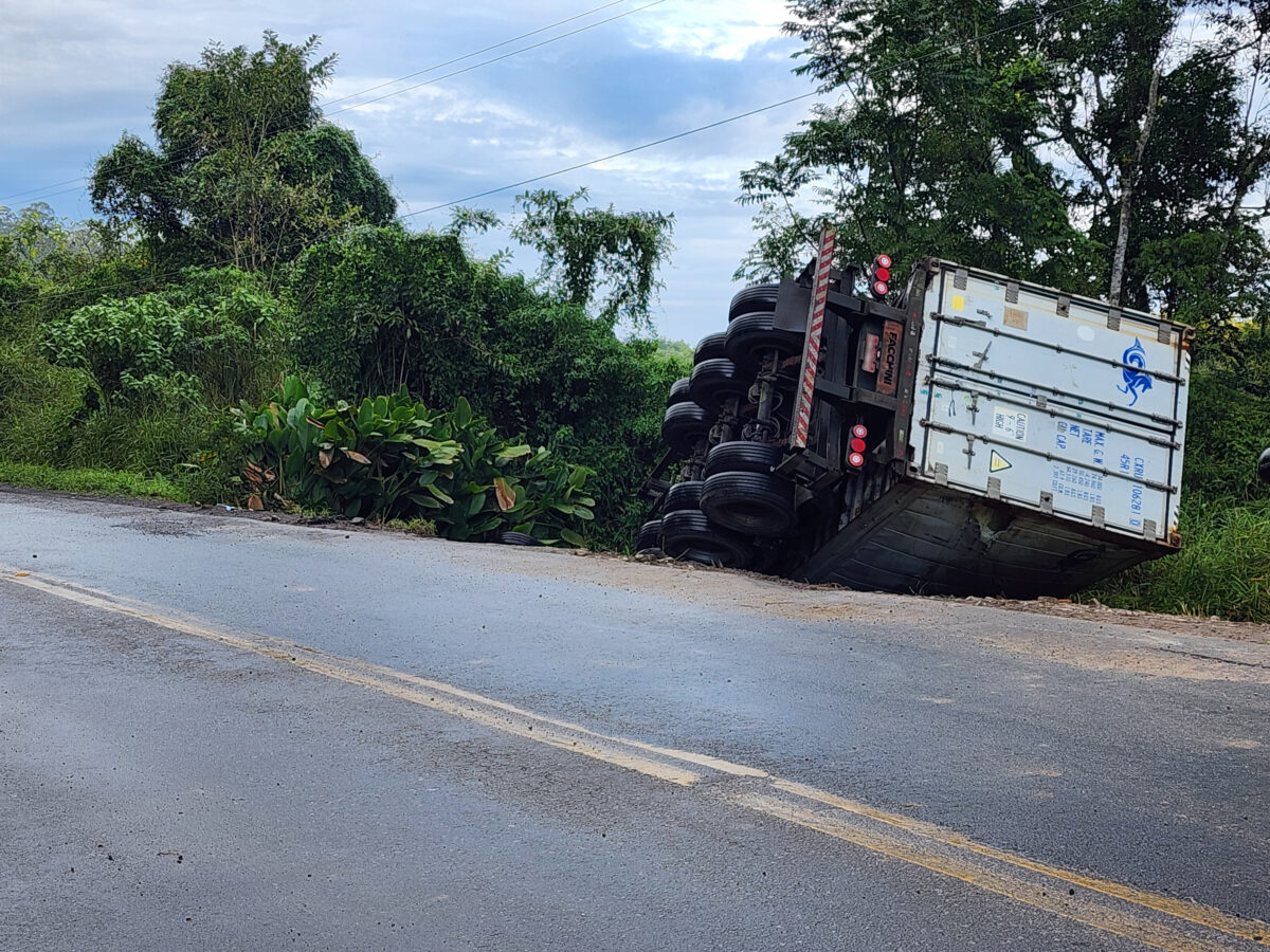 Carreta carregada com frango congelado tomba na SC-446, em Nova Veneza 4 Carreta carregada com frango congelado tomba na SC-446, em Nova Veneza