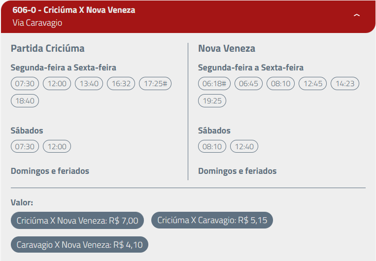 As 3 linhas de ônibus em Nova Veneza e seus horários