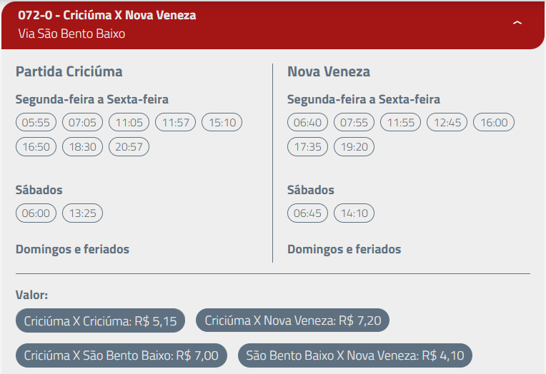 As 3 linhas de ônibus em Nova Veneza e seus horários