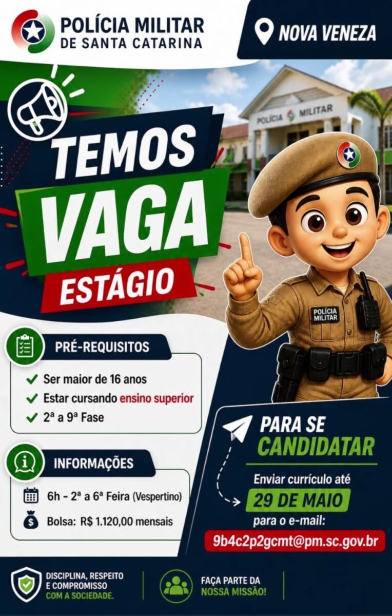 Polícia Militar abre vaga de estágio em Nova Veneza