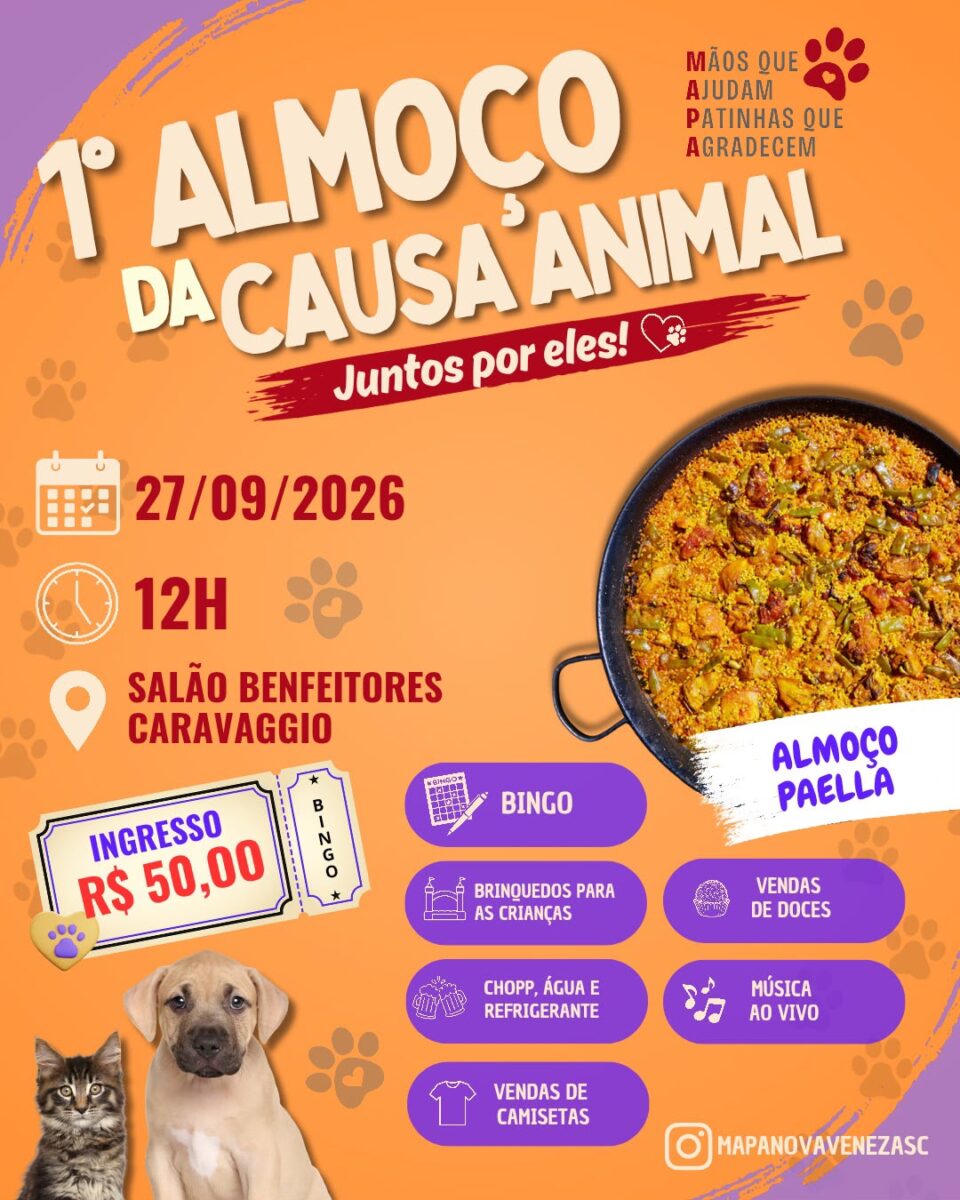 ONG Mapa realizará 1º Almoço da Causa Animal em Nova Veneza; ingressos estão à venda