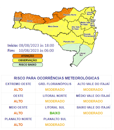 Santa Catarina terá ocorrência de temporais entre terça e manhã de quinta-feira