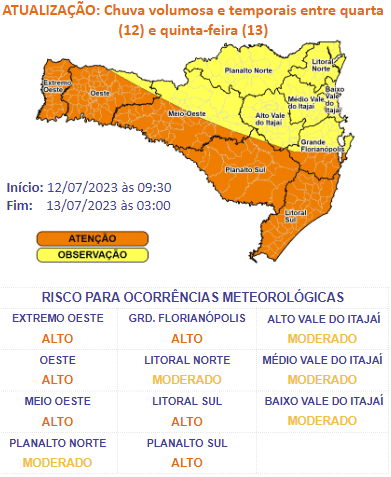 Mais chuva, vento e baixa temperatura em SC