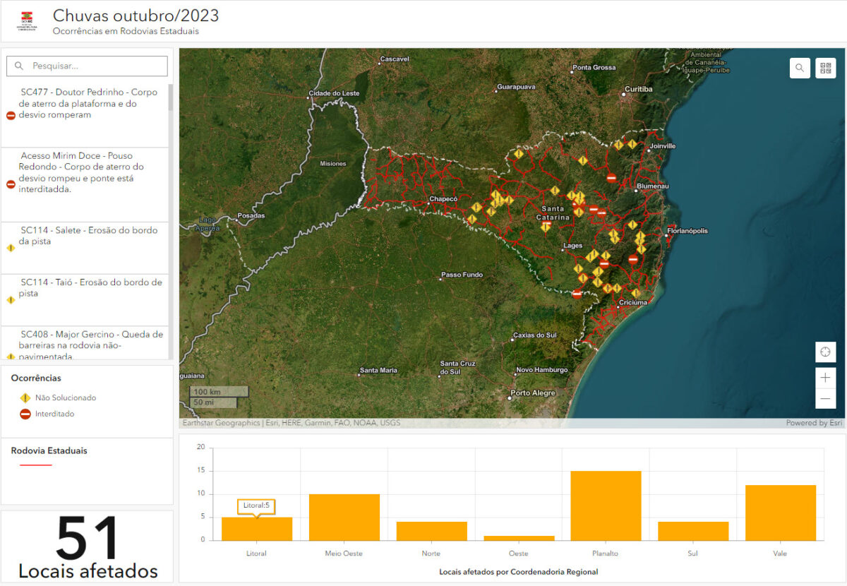 Chuvas em SC: mapa digital mostra a situação das rodovias estaduais em tempo real