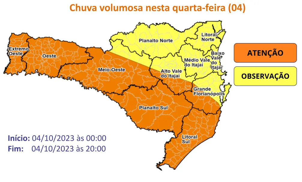 Defesa Civil emite alerta de temporais e chuva volumosa para SC