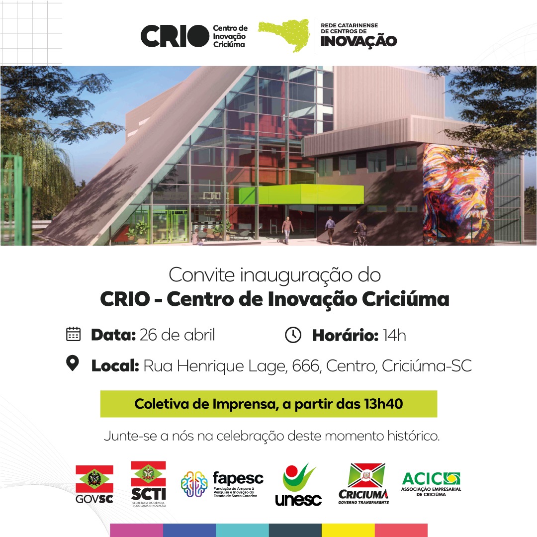 Gerido pela Unesc, Centro de Inovação Criciúma será inaugurado nesta sexta-feira 1 Gerido pela Unesc, Centro de Inovação Criciúma será inaugurado nesta sexta-feira