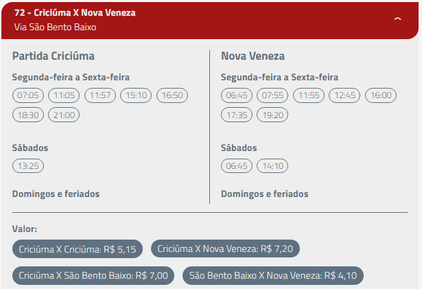 Horário de ônibus Criciúma x Nova Veneza - Via São Bento Baixo em Nova Veneza