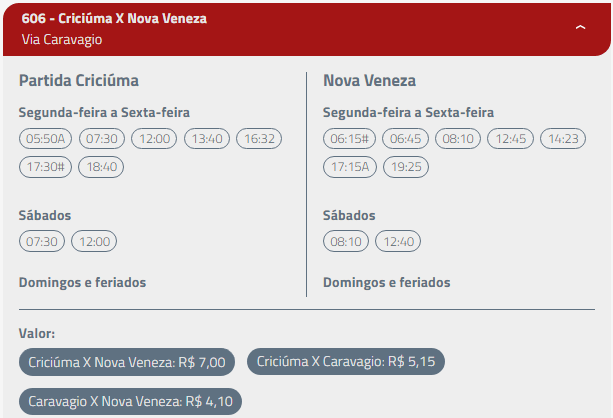 Horário de ônibus Criciúma, Caravaggio Nova Veneza