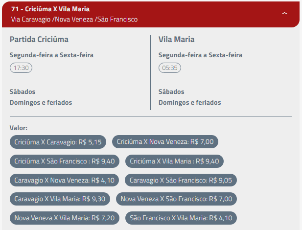 Horário de ônibus Criciúma x Vila Maria / São Francisco em Nova Veneza