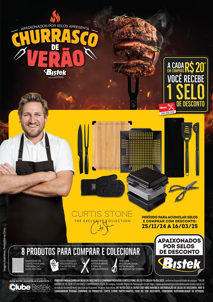 Nova campanha apaixonados por selos de desconto do Bistek supermercados traz linha especial de utensílios para churrasco assinada pelo famoso chef Curtis Stone 1 Nova campanha apaixonados por selos de desconto do Bistek supermercados traz linha especial de utensílios para churrasco assinada pelo famoso chef Curtis Stone