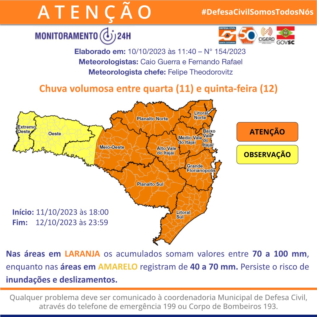 Santa Catarina volta a ter chuva volumosa entre quarta e quinta-feira 1 Santa Catarina volta a ter chuva volumosa entre quarta e quinta-feira