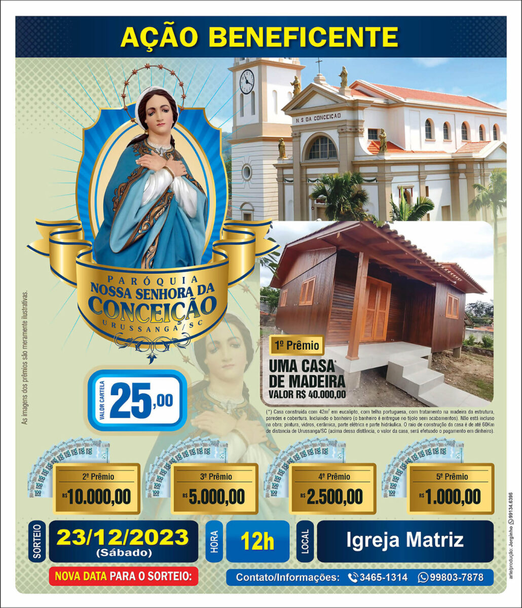 Paróquia de Urussanga promove Ação Beneficente com sorteio de cinco prêmios, dentre eles uma casa